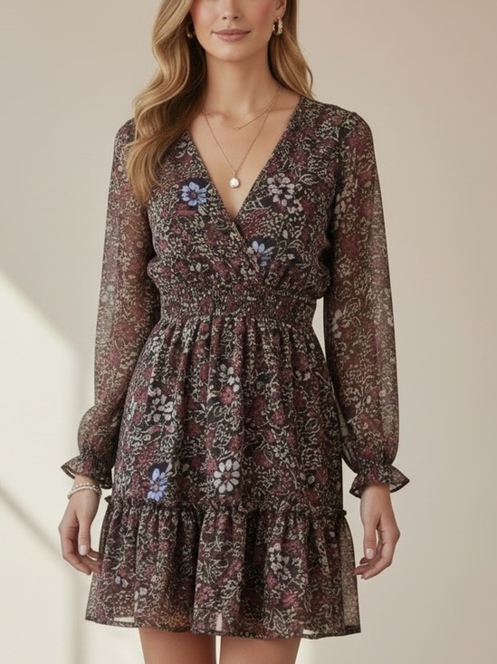 Black Tape Dresses & Skirts - NWT BLACK TAPE Floral V-Neck Long Sleeve Ruffle Hem Lined Dress Size Small